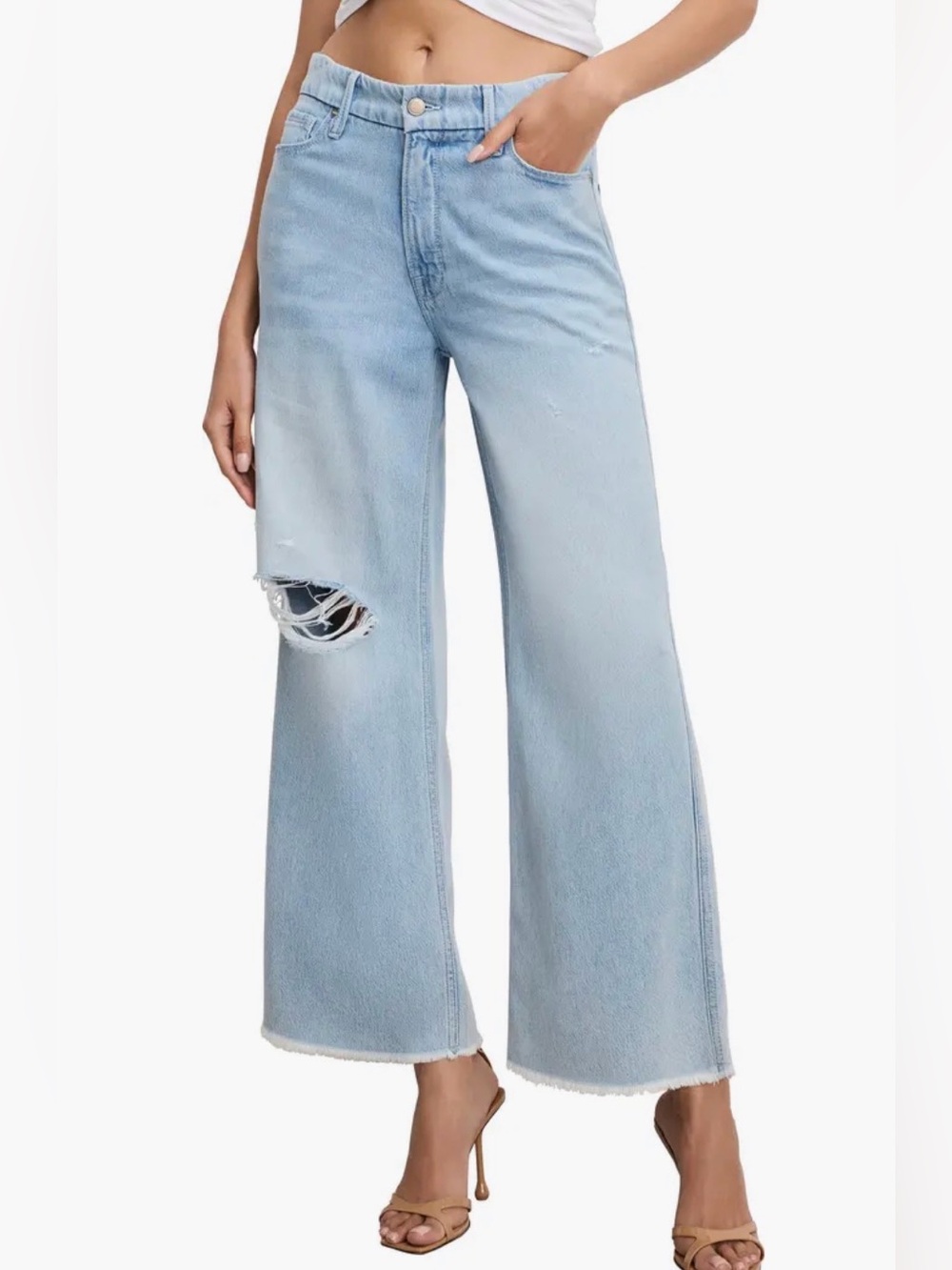 Good American Good Skate Fray Hem Crop Wide Leg Jeans - Sz. 0 - Picture 6 of 7